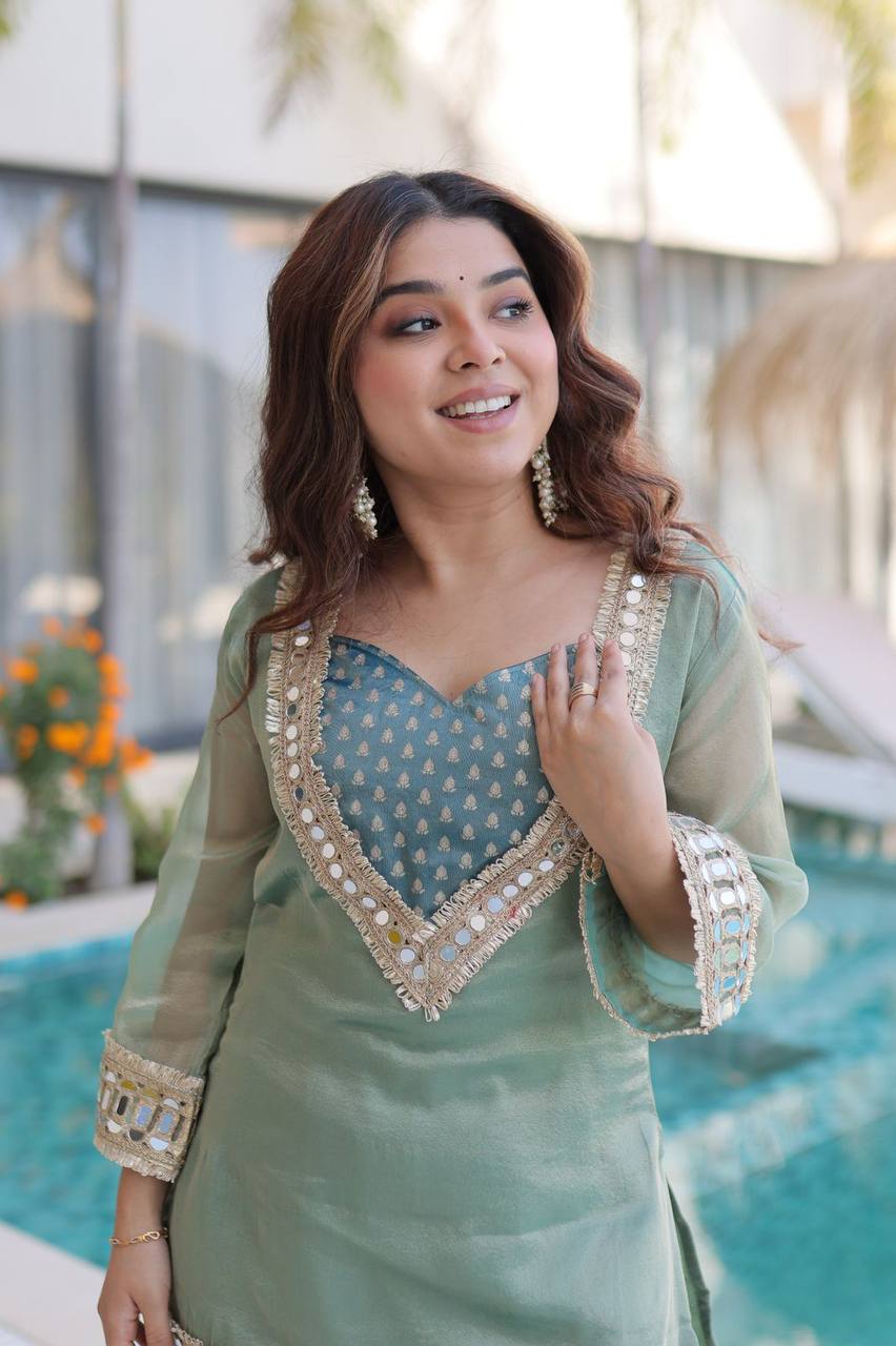 Premium Readymade Top & Pant Set with Batwa – Salasa Fabric, Mirror & Lace Work