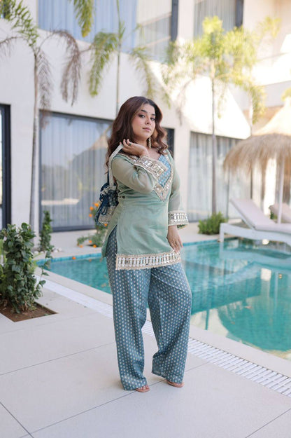 Premium Readymade Top & Pant Set with Batwa – Salasa Fabric, Mirror & Lace Work