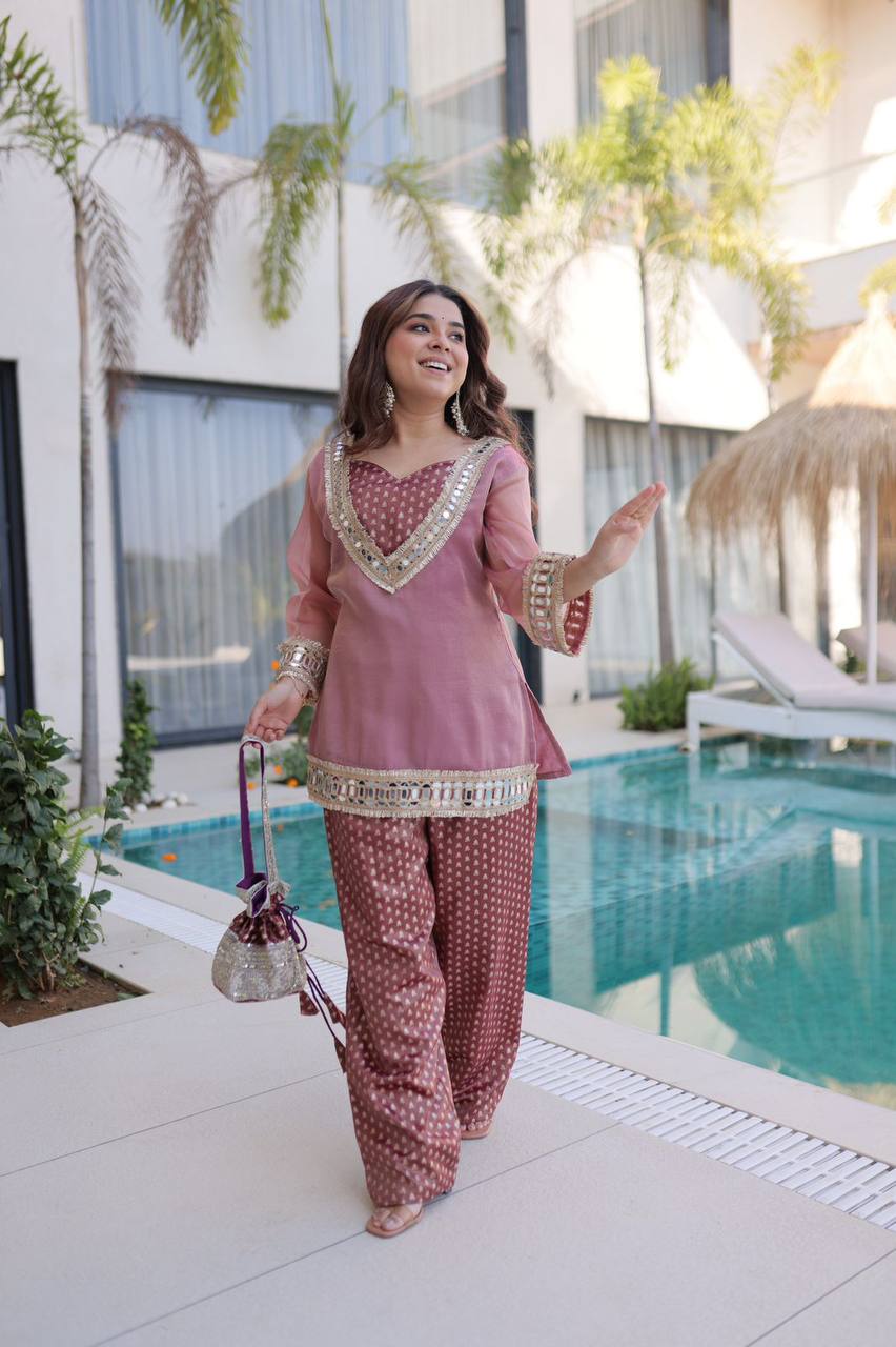 Premium Readymade Top & Pant Set with Batwa – Salasa Fabric, Mirror & Lace Work