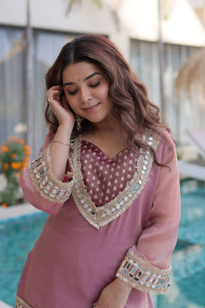 Premium Readymade Top & Pant Set with Batwa – Salasa Fabric, Mirror & Lace Work