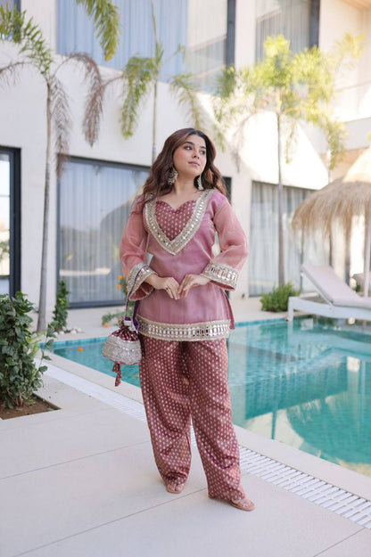 Premium Readymade Top & Pant Set with Batwa – Salasa Fabric, Mirror & Lace Work