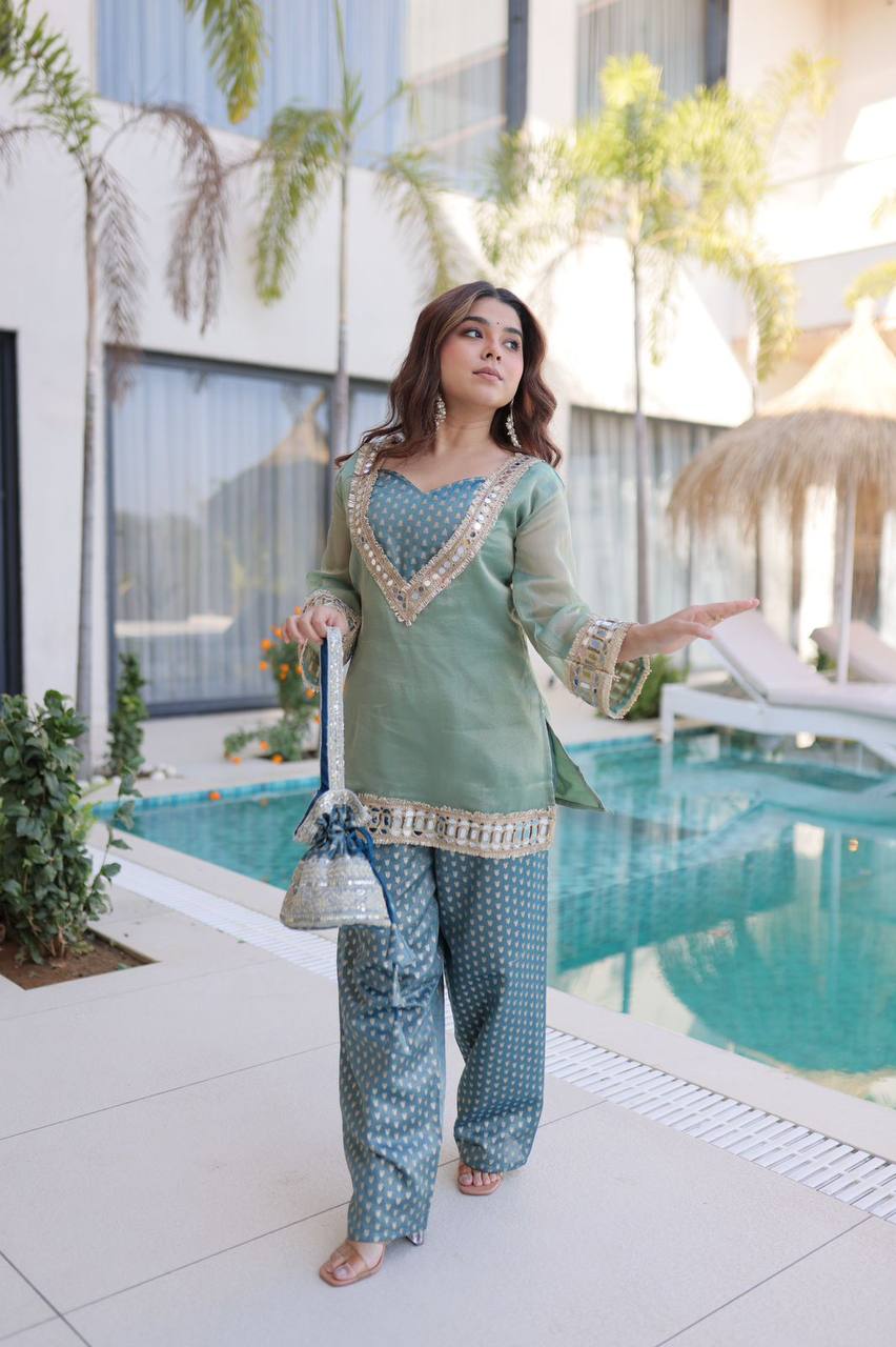 Premium Readymade Top & Pant Set with Batwa – Salasa Fabric, Mirror & Lace Work