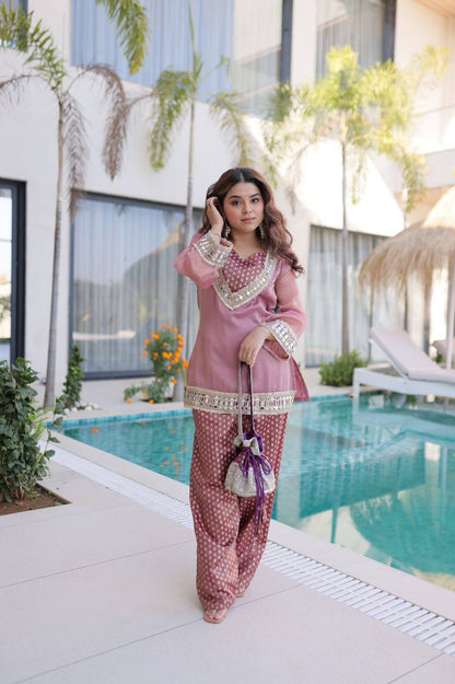 Premium Readymade Top & Pant Set with Batwa – Salasa Fabric, Mirror & Lace Work