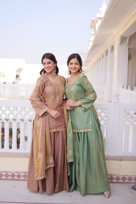 Premium Designer Readymade Kurti Sharara Dupatta Set – Fendi Crush Silk with Zari Sequins Embroidery (2026 Collection)