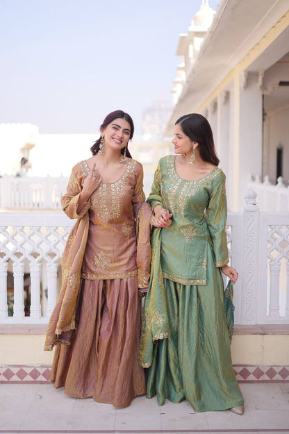 Premium Designer Readymade Kurti Sharara Dupatta Set – Fendi Crush Silk with Zari Sequins Embroidery (2026 Collection)