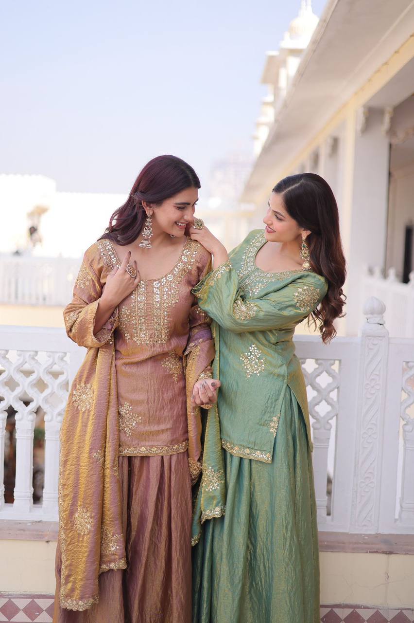 Premium Designer Readymade Kurti Sharara Dupatta Set – Fendi Crush Silk with Zari Sequins Embroidery (2026 Collection)