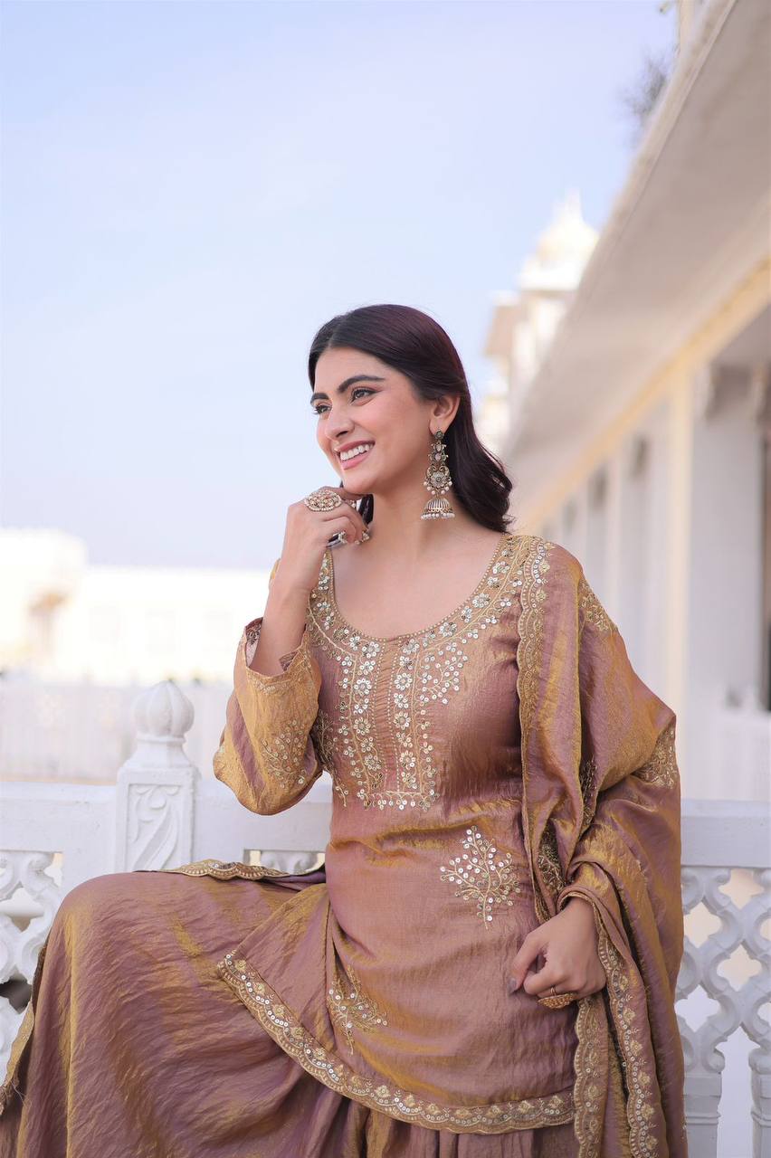 Premium Designer Readymade Kurti Sharara Dupatta Set – Fendi Crush Silk with Zari Sequins Embroidery (2026 Collection)