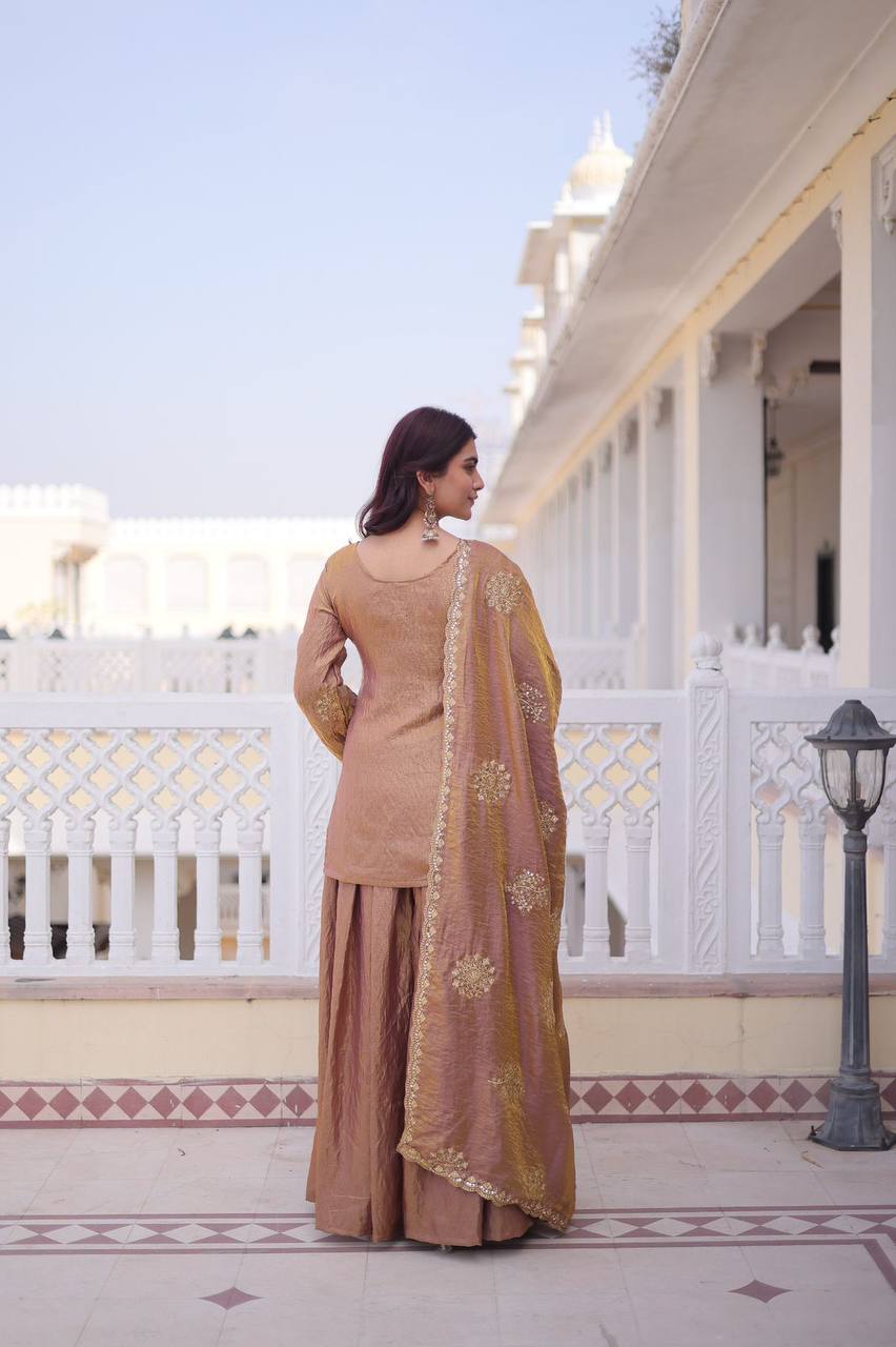 Premium Designer Readymade Kurti Sharara Dupatta Set – Fendi Crush Silk with Zari Sequins Embroidery (2026 Collection)