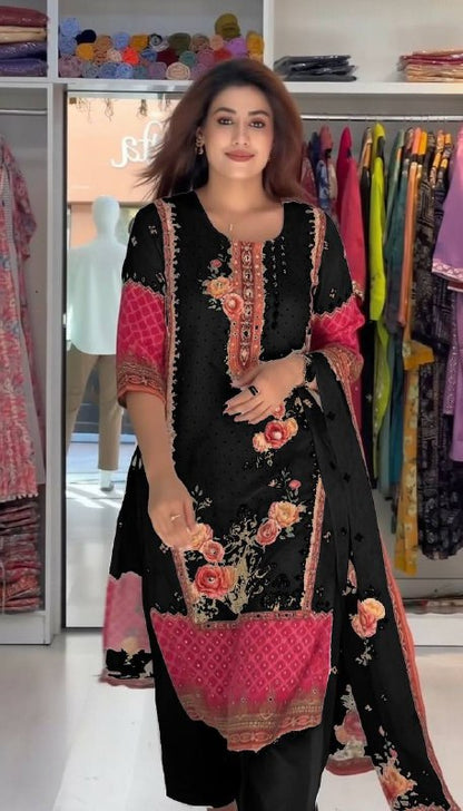 Premium Pakistani Chinon Silk Kurti Set with Floral Print & Mirror Embroidery – Eid Special 3‑Piece Outfit