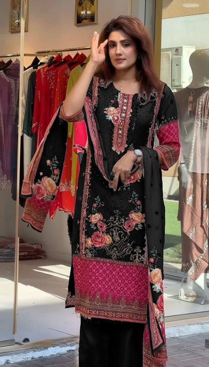 Premium Pakistani Chinon Silk Kurti Set with Floral Print & Mirror Embroidery – Eid Special 3‑Piece Outfit