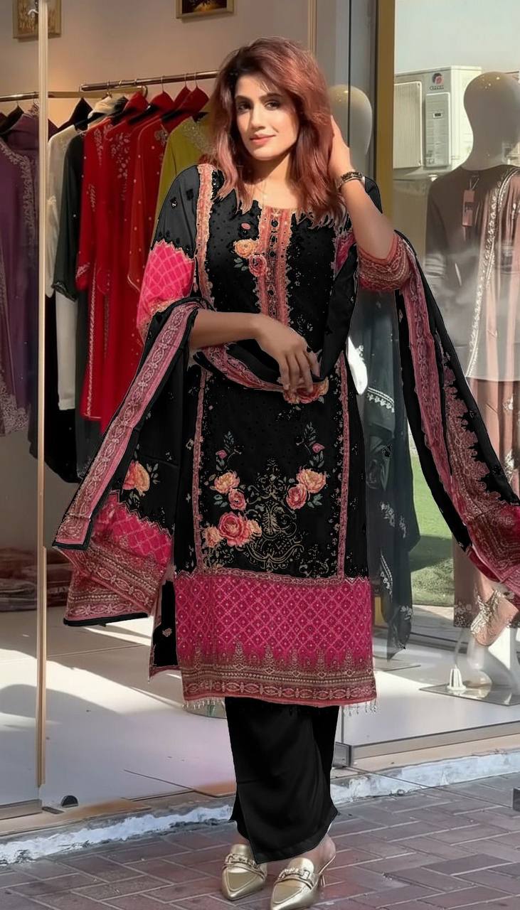 Premium Pakistani Chinon Silk Kurti Set with Floral Print & Mirror Embroidery – Eid Special 3‑Piece Outfit