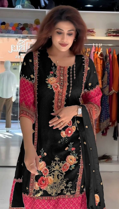 Premium Pakistani Chinon Silk Kurti Set with Floral Print & Mirror Embroidery – Eid Special 3‑Piece Outfit