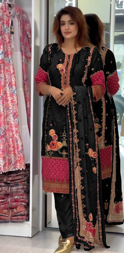 Premium Pakistani Chinon Silk Kurti Set with Floral Print & Mirror Embroidery – Eid Special 3‑Piece Outfit