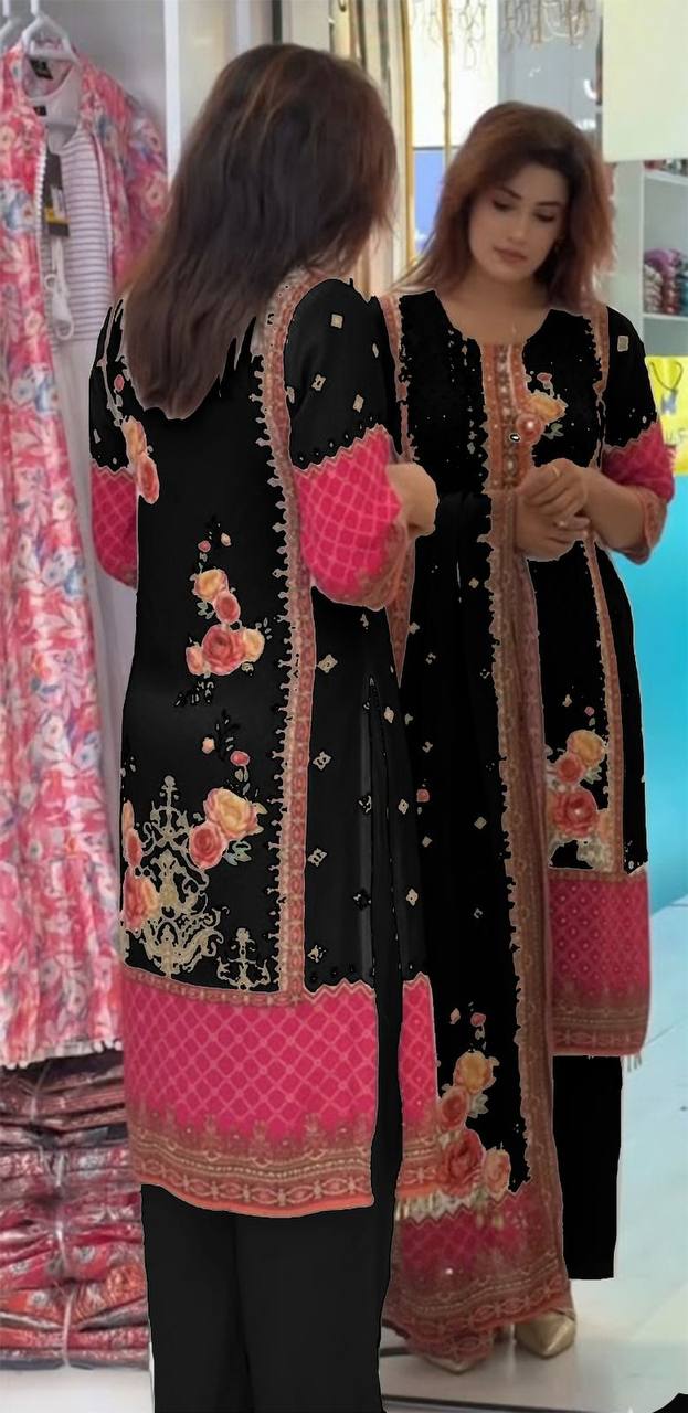 Premium Pakistani Chinon Silk Kurti Set with Floral Print & Mirror Embroidery – Eid Special 3‑Piece Outfit