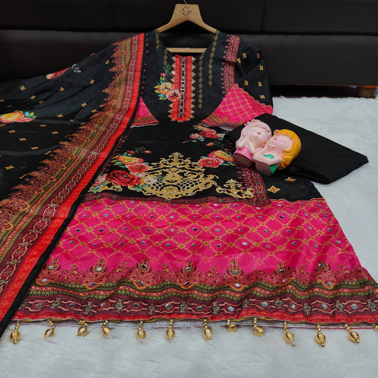 Premium Pakistani Chinon Silk Kurti Set with Floral Print & Mirror Embroidery – Eid Special 3‑Piece Outfit