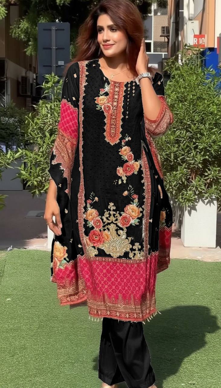 Premium Pakistani Chinon Silk Kurti Set with Floral Print & Mirror Embroidery – Eid Special 3‑Piece Outfit