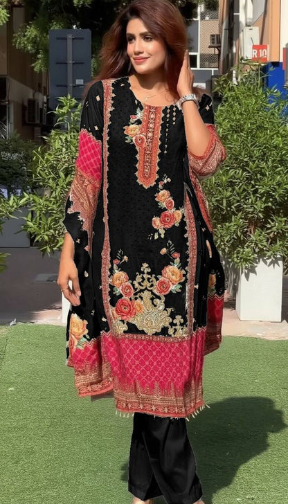 Premium Pakistani Chinon Silk Kurti Set with Floral Print & Mirror Embroidery – Eid Special 3‑Piece Outfit