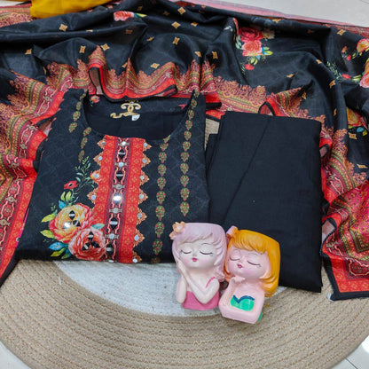 Premium Pakistani Chinon Silk Kurti Set with Floral Print & Mirror Embroidery – Eid Special 3‑Piece Outfit