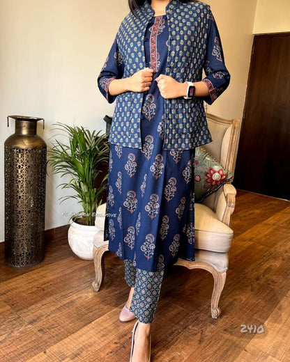 Elegant Cotton Jacket Suit Set with Hand Embroidery & Mill Print Design