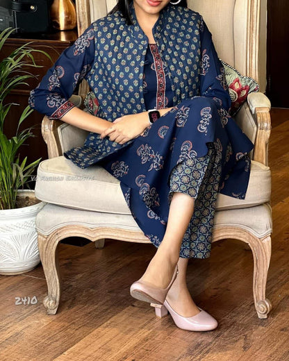 Elegant Cotton Jacket Suit Set with Hand Embroidery & Mill Print Design