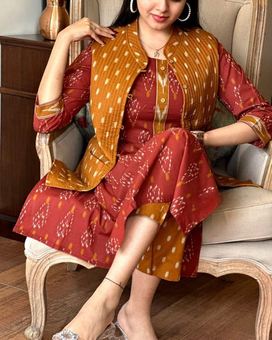 Elegant Cotton Jacket Suit Set with Hand Embroidery & Mill Print Design