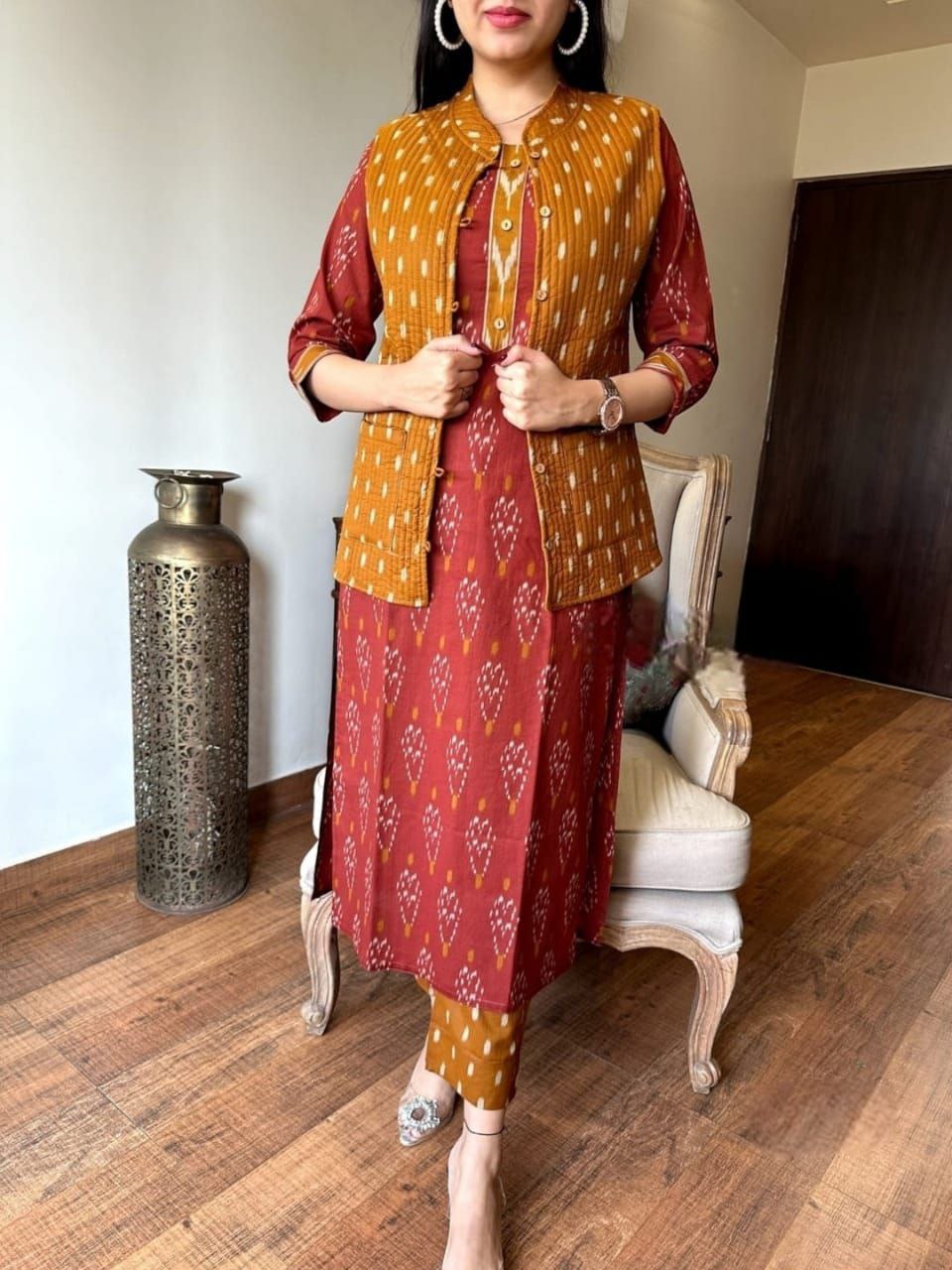 Elegant Cotton Jacket Suit Set with Hand Embroidery & Mill Print Design