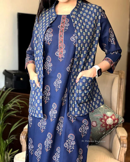 Elegant Cotton Jacket Suit Set with Hand Embroidery & Mill Print Design