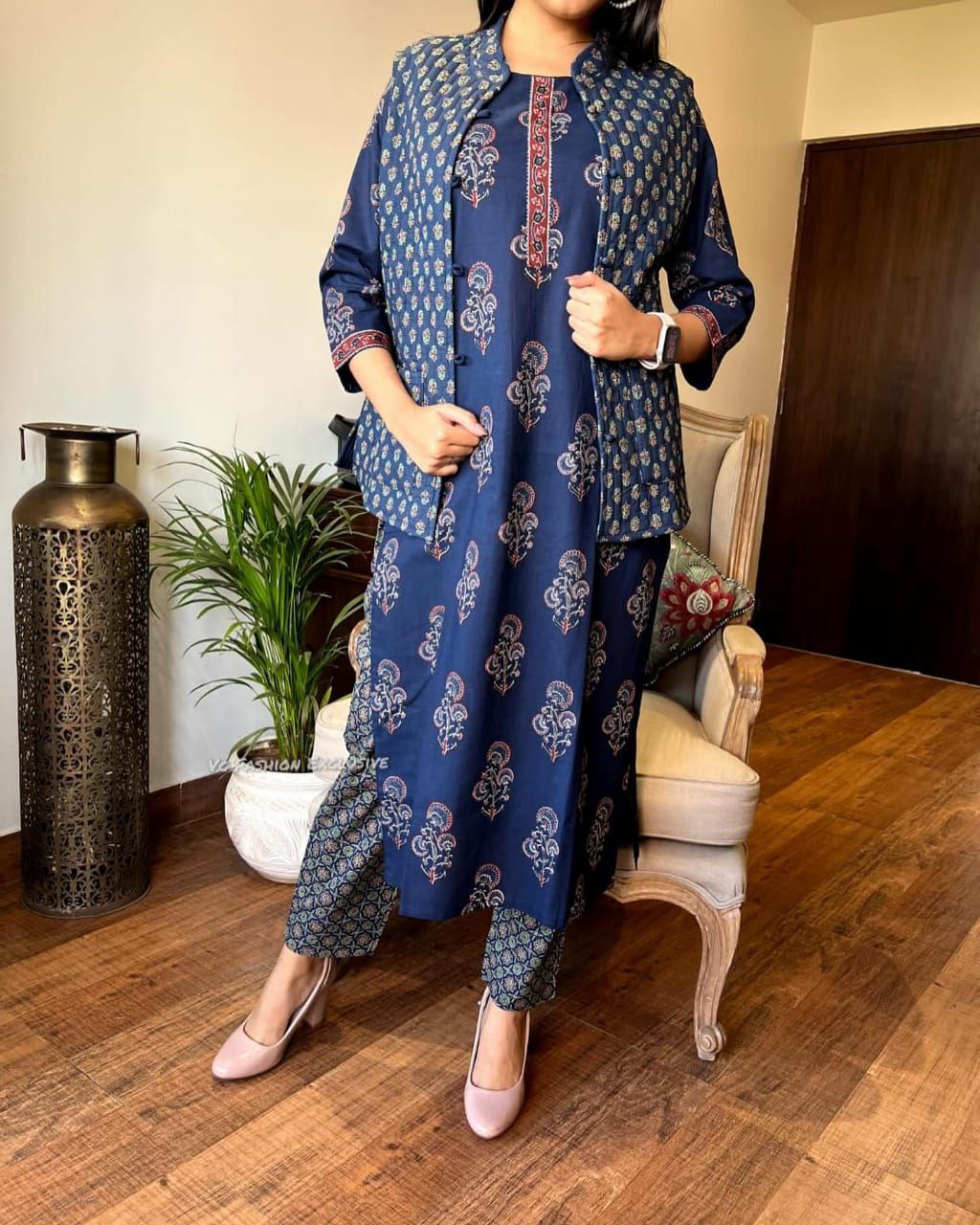 Elegant Cotton Jacket Suit Set with Hand Embroidery & Mill Print Design