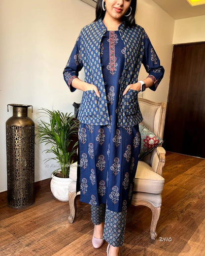 Elegant Cotton Jacket Suit Set with Hand Embroidery & Mill Print Design