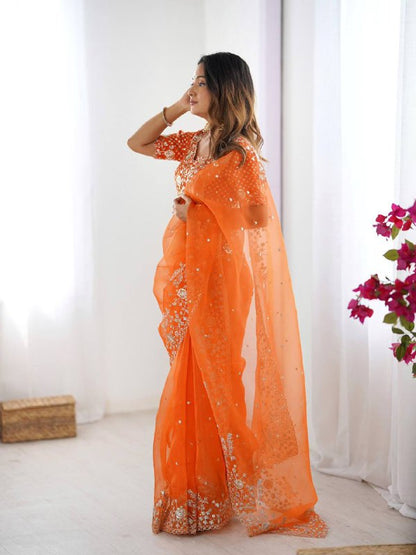 Elegant Heavy Organza Silk Saree with Thread & Sequin Embroidery – Unstitched Blouse Included