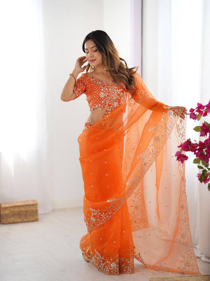 Elegant Heavy Organza Silk Saree with Thread & Sequin Embroidery – Unstitched Blouse Included