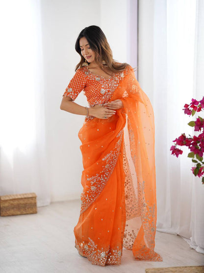 Elegant Heavy Organza Silk Saree with Thread & Sequin Embroidery – Unstitched Blouse Included