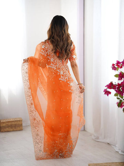 Elegant Heavy Organza Silk Saree with Thread & Sequin Embroidery – Unstitched Blouse Included