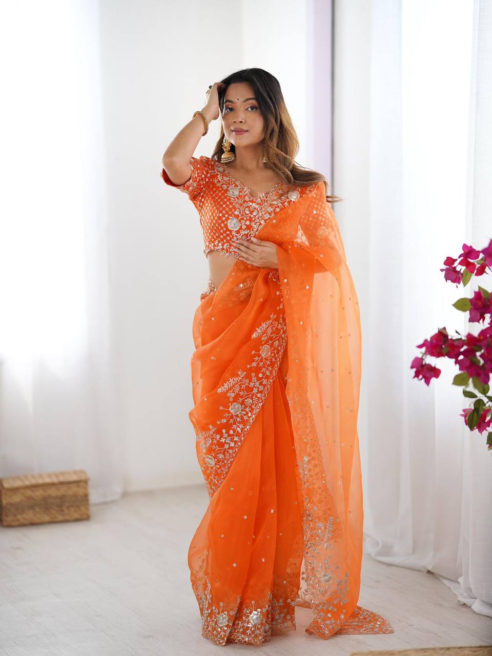 Elegant Heavy Organza Silk Saree with Thread & Sequin Embroidery – Unstitched Blouse Included