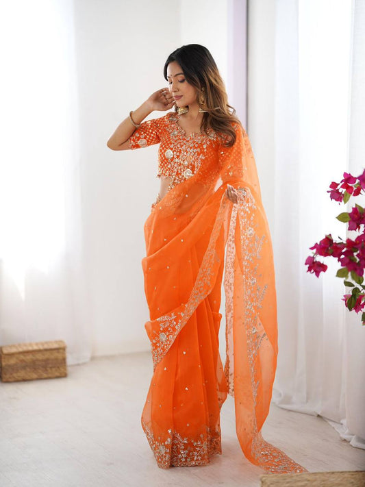 Elegant Heavy Organza Silk Saree with Thread & Sequin Embroidery – Unstitched Blouse Included