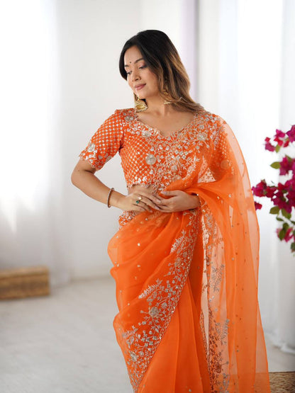Elegant Heavy Organza Silk Saree with Thread & Sequin Embroidery – Unstitched Blouse Included