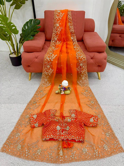 Elegant Heavy Organza Silk Saree with Thread & Sequin Embroidery – Unstitched Blouse Included