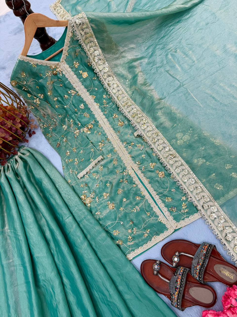 Pure Fendi Silk | Heavy Embroidery | Top • Plazzo • Dupatta