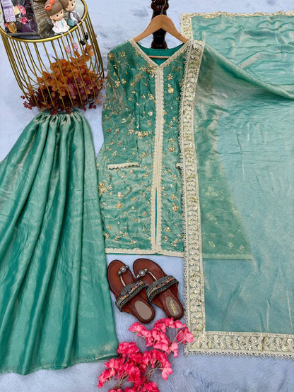 Pure Fendi Silk | Heavy Embroidery | Top • Plazzo • Dupatta