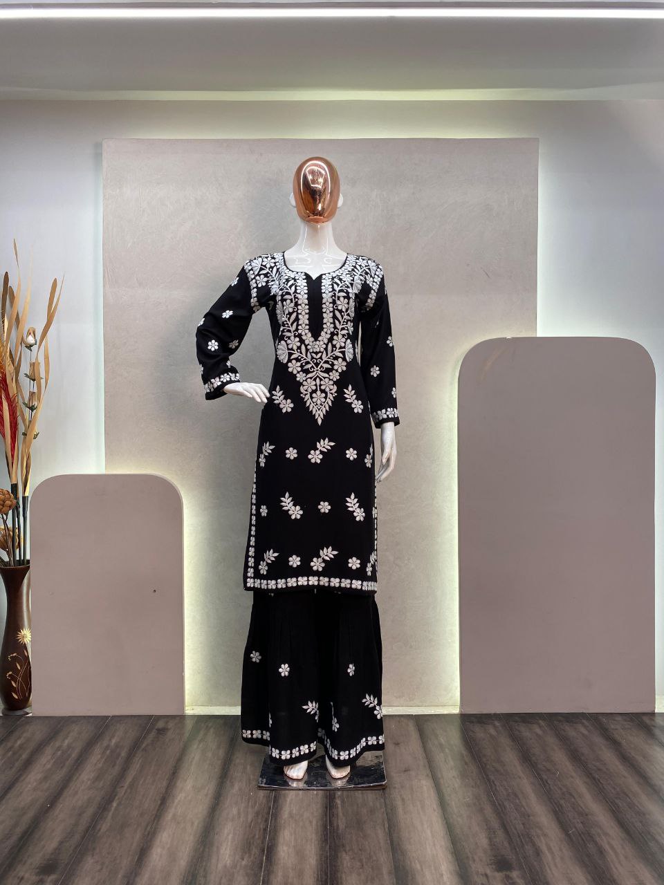 Trending Designer Summer Maslin Top with Cotton Thread Embroidery Work and Sarara Set