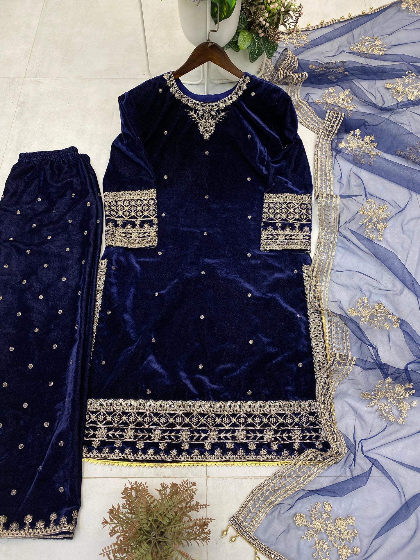 Women’s Winter Velvet Embroidered Blue Kurta and Pant Set with Dupatta