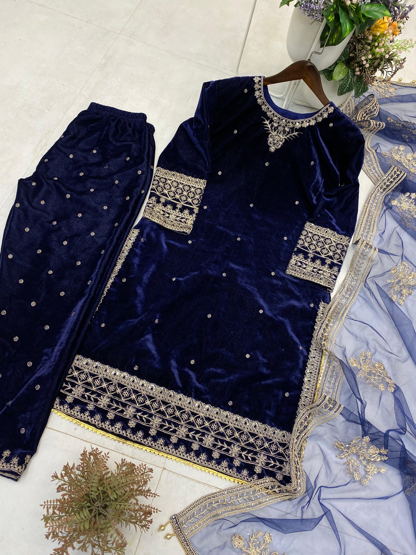 Women’s Winter Velvet Embroidered Blue Kurta and Pant Set with Dupatta