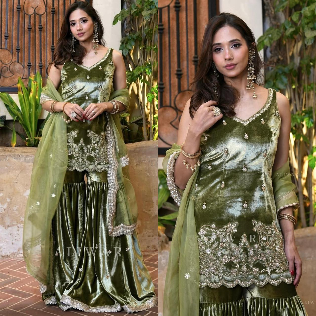 Heavy Velvet Sharara Set | Handwork & Sequence Embroidery | Party Wear with Organza Dupatta