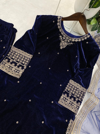 Women’s Winter Velvet Embroidered Blue Kurta and Pant Set with Dupatta