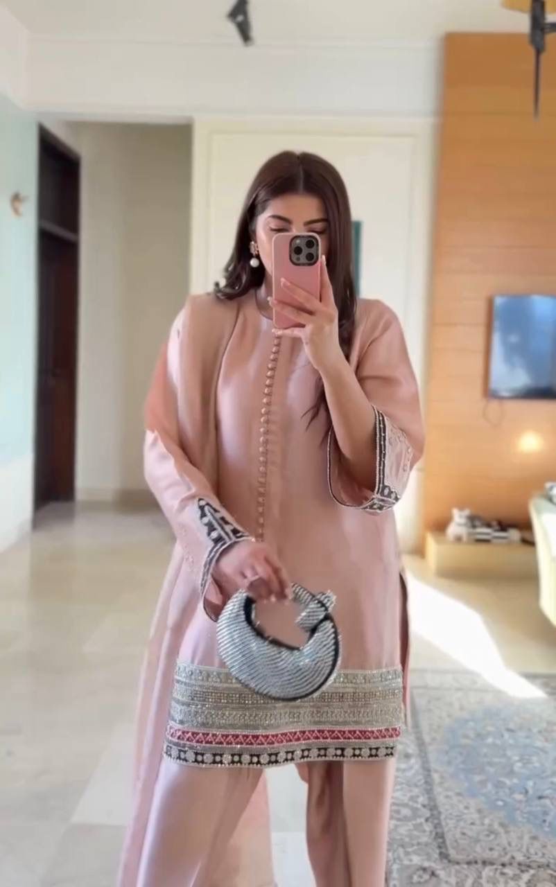 Premium Designer Pink Crepe Embroidered Palazzo Set with Dupatta