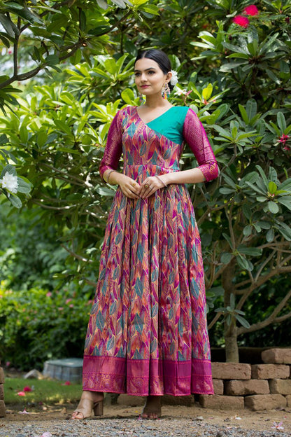 Anushka Tasrika Banarasi Silk Gown | Copper Weaving | Soft Silk Fabric | V Neck | Custom Sizes