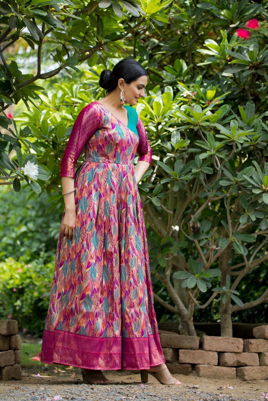 Anushka Tasrika Banarasi Silk Gown | Copper Weaving | Soft Silk Fabric | V Neck | Custom Sizes