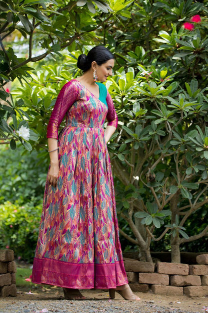 Anushka Tasrika Banarasi Silk Gown | Copper Weaving | Soft Silk Fabric | V Neck | Custom Sizes