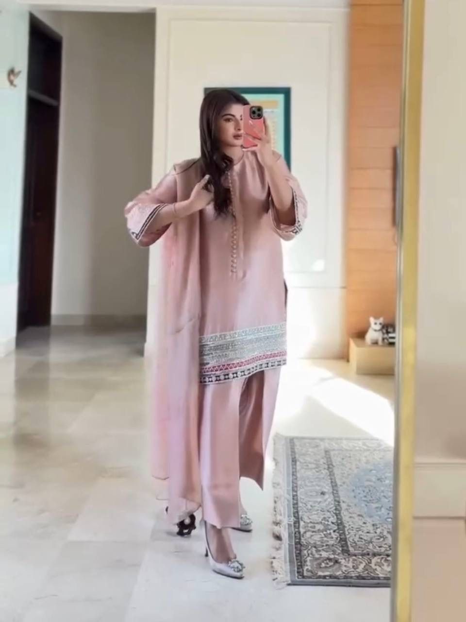 Premium Designer Pink Crepe Embroidered Palazzo Set with Dupatta