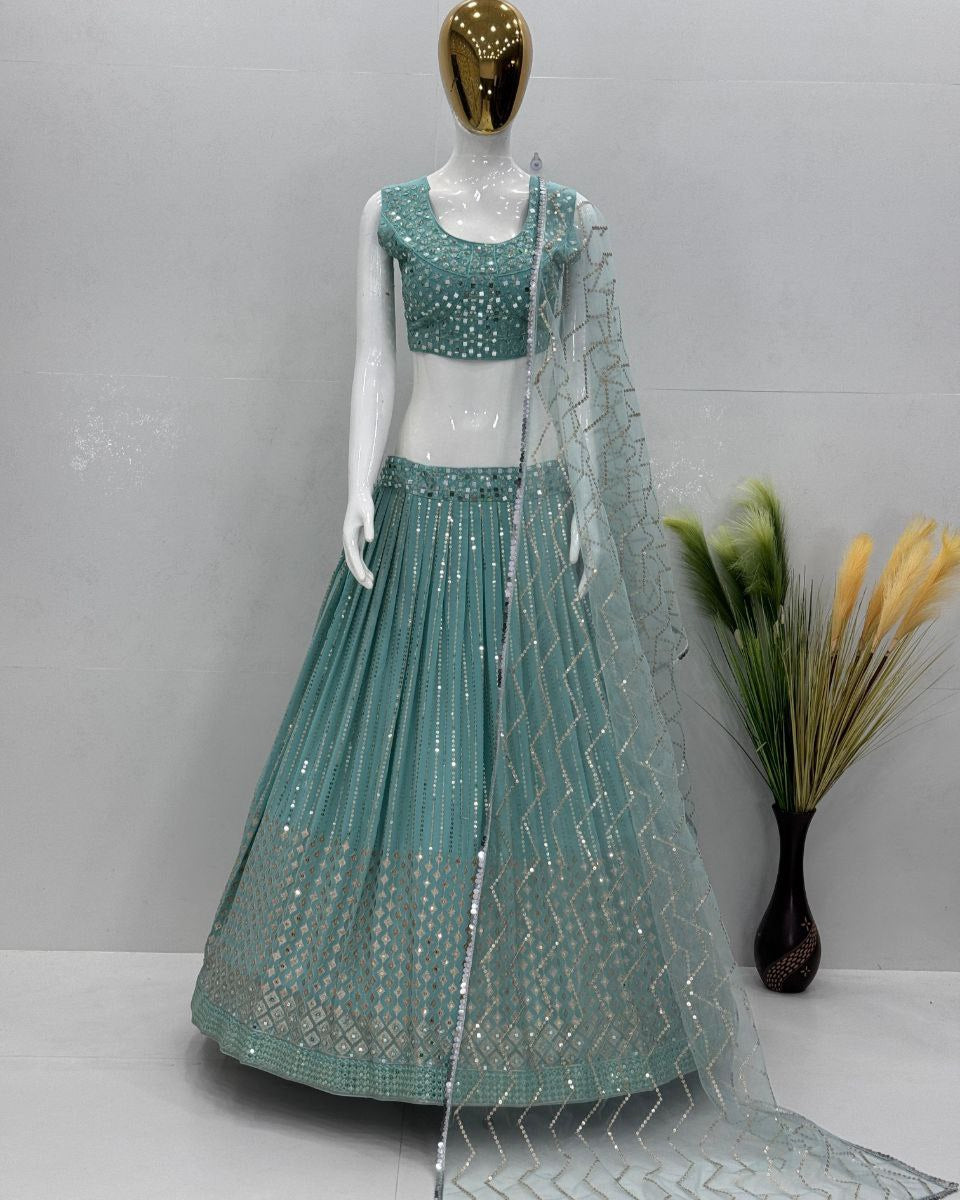 Bridal Faux Georgette Lehenga Choli – Embroidered Sequins & Real Mirror Work